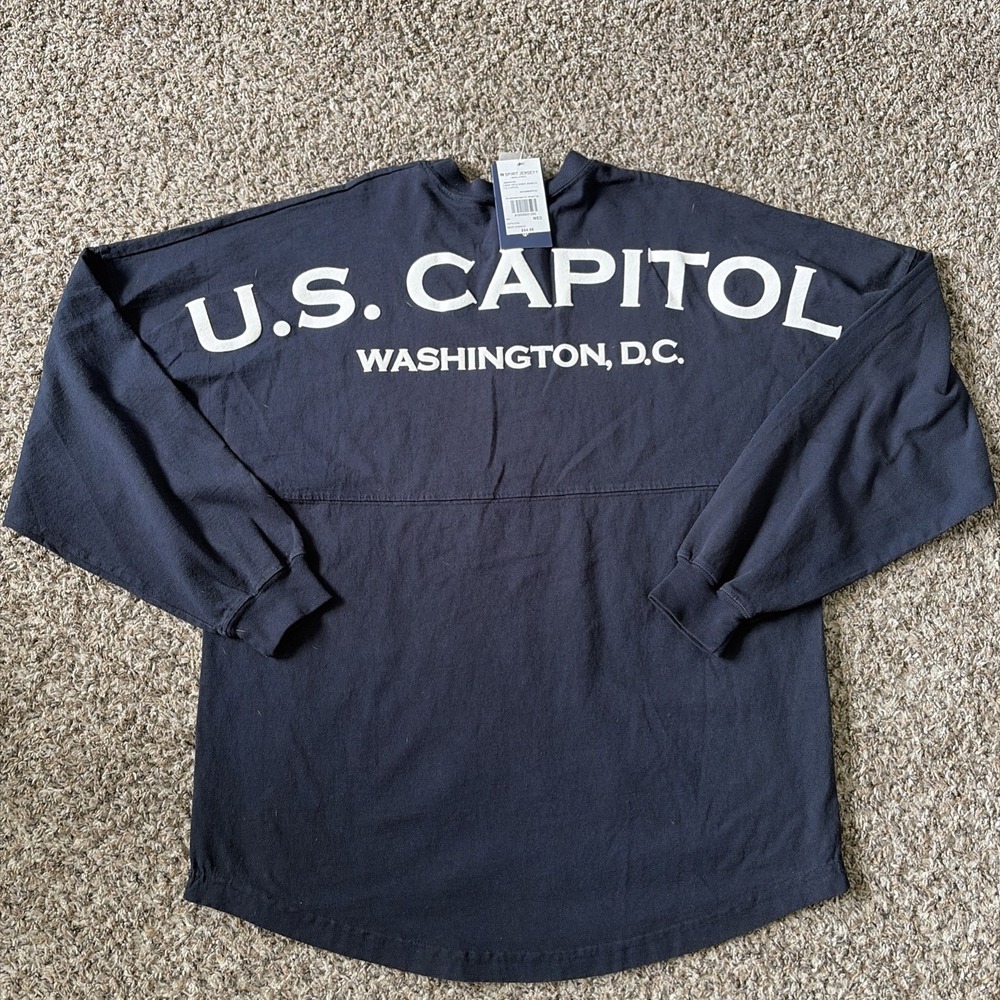 Spirit Jersey U.S. Capitol Washington Navy Blue Shirt Spellout Sz M NWT Made USA